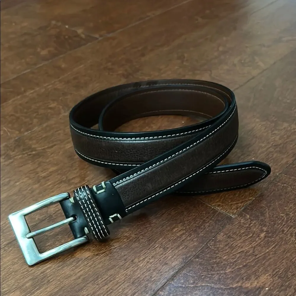 Cole Haan Men’s Two Tone Leather Belt  With Contrast Stitching, Silver Hardware